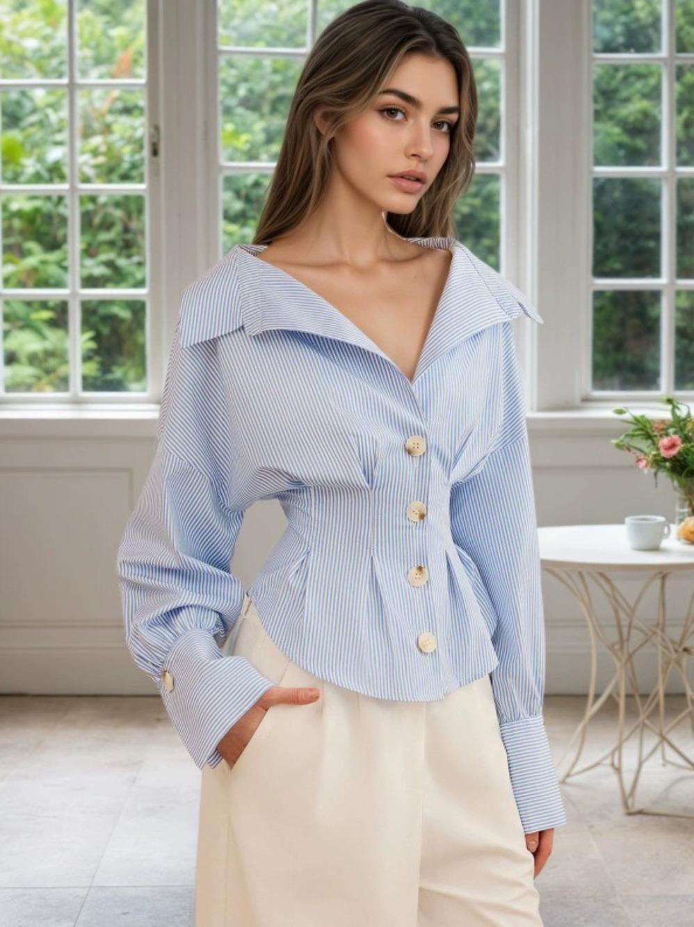 Zara Autumn Blue Long Sleeve Lapel Collar Pleated Waist Blouse